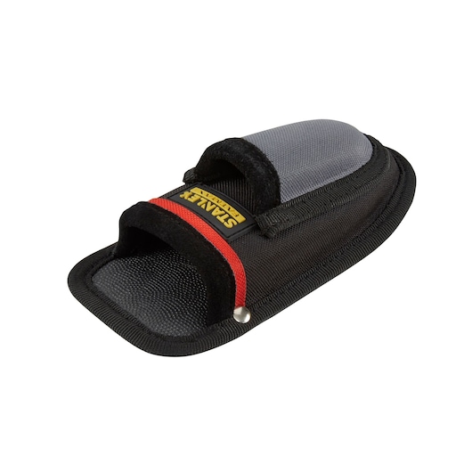 Photo of STANLEY 0-10-028 utility knife pouch, black and grey fabric with red trim, angled on white background.