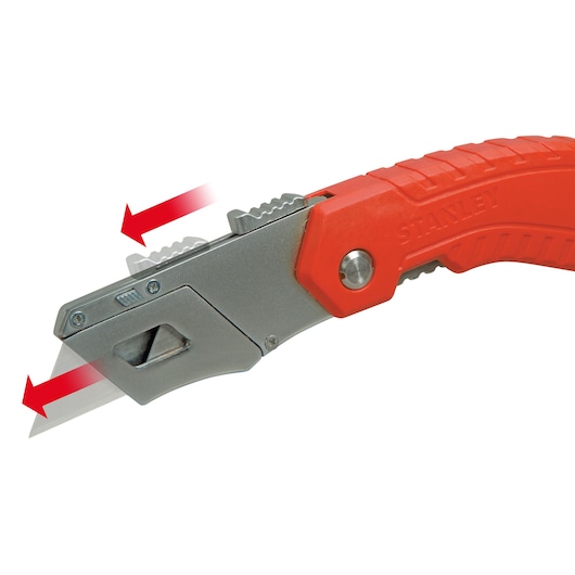 STANLEY 0-10-243 folding utility knife with red handle, silver blade, side view on white background showing blade direction.