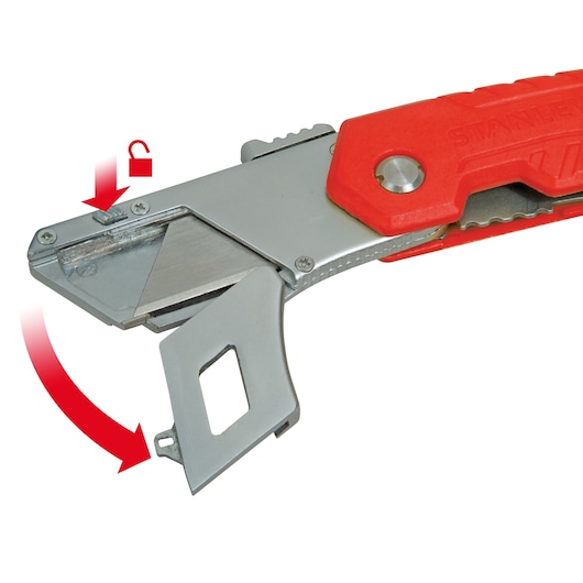 STANLEY 0-10-243 folding utility knife with red handle, blade compartment open, photo from side angle.