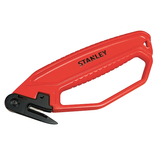 STANLEY 0-10-245 red safety cutter with enclosed blade, angled handle, product photo on white background.