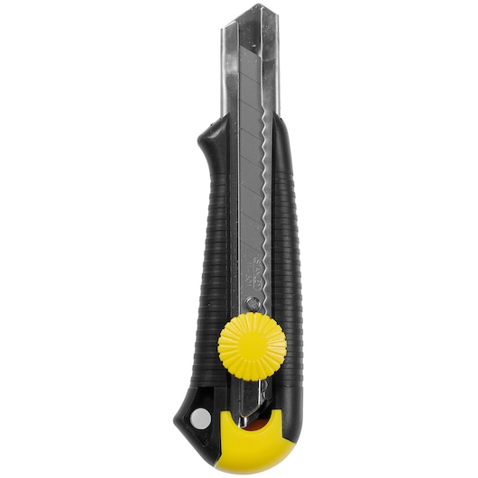 STANLEY 0-10-418 black and yellow utility knife, straight-on product photo with retractable segmented blade.