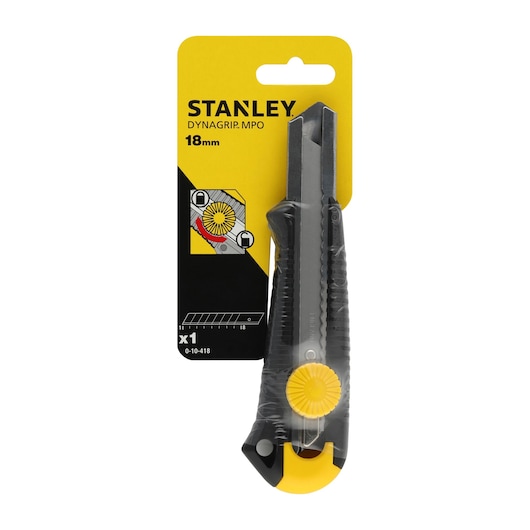 Stanley 0-10-418 utility knife with yellow grip, 18mm blade, front packaging view.