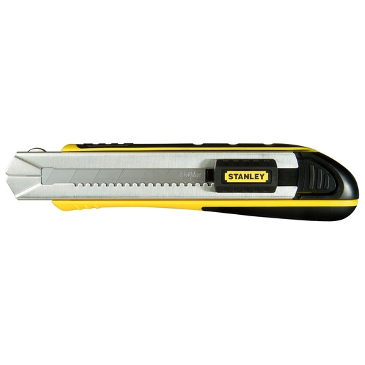 Photo of STANLEY 0-10-486 utility knife, yellow and black, side view, with retractable segmented blade.