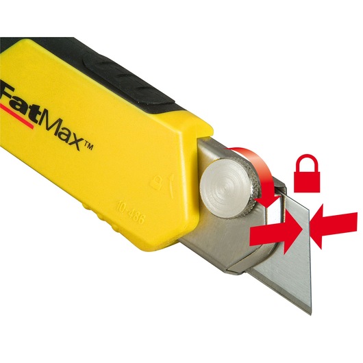 STANLEY 0-10-486 utility knife close-up, yellow body with blade lock switch and red instructional arrows, front angle.