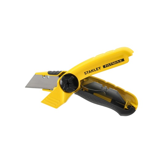 STANLEY 0-10-780 utility knife with yellow and black body, blade extended, white background, side angle.