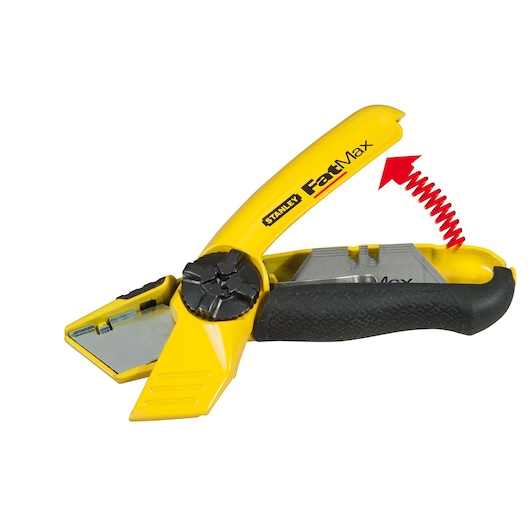 STANLEY 0-10-780 utility knife with yellow and black handle, open blade storage, side view on white background.
