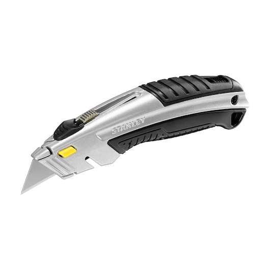 Photo of STANLEY 0-10-788 utility knife with silver and black ergonomic handle, shown at a side angle.