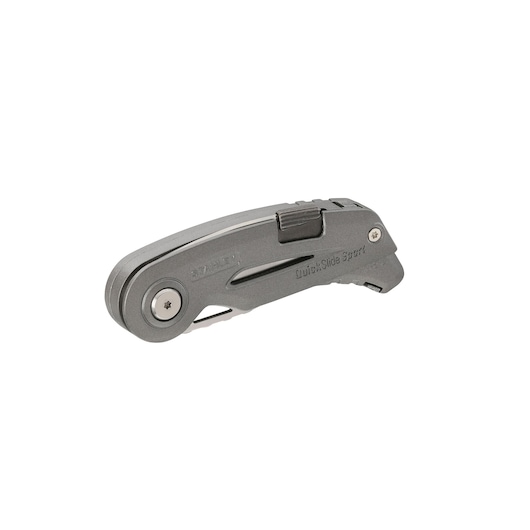 STANLEY 0-10-813 folding utility knife, metallic finish, closed position, left angle on white background.