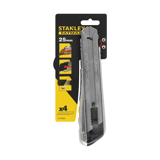 Stanley 0-10-820 utility knife in packaging, FatMax 25mm blade, front angle on white background.