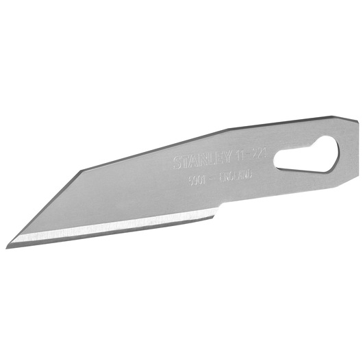 STANLEY 0-11-221 replacement utility knife blade, silver, angled edge, product photo on white background.