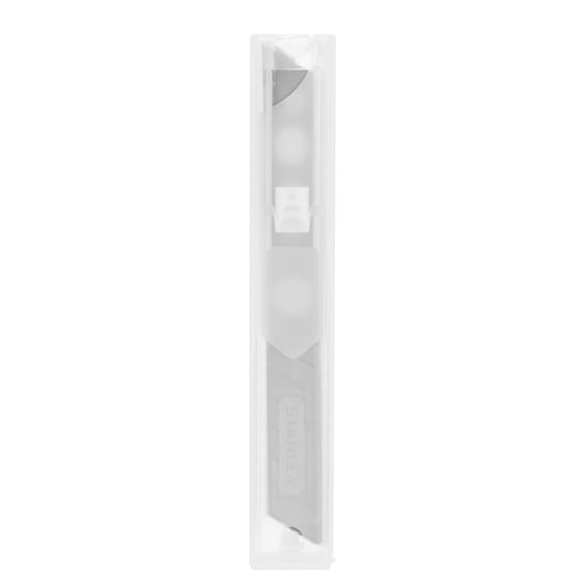 STANLEY 0-11-300 utility knife blades in transparent plastic case, front view.