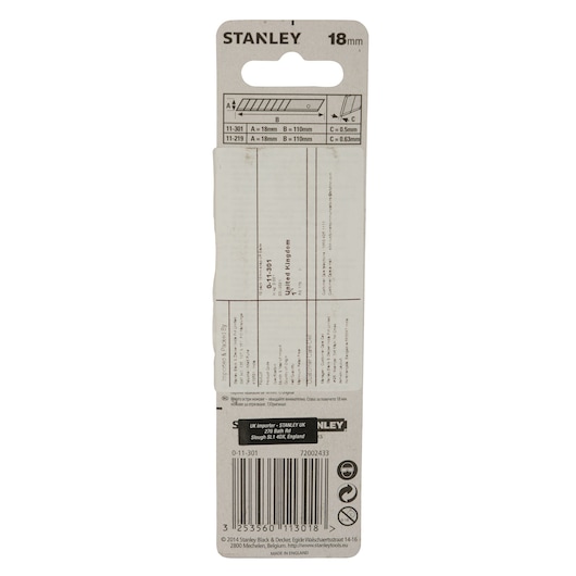 STANLEY 0-11-301 utility knife blade packaging back view, shows product specifications, barcode, and usage details.