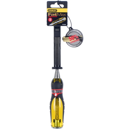 STANLEY 0-16-254 FatMax chisel, 12 mm, yellow and black handle, front view on white background.