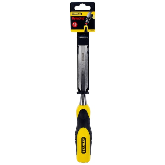 STANLEY 0-16-877 DynaGrip chisel with yellow and black handle, front view on white background.