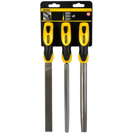STANLEY 0-22-464 file set, 3-piece, yellow and black handles, front view on white background.