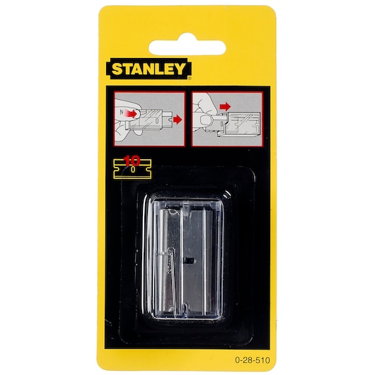 STANLEY 0-28-510 photography of utility blades pack, yellow packaging, front angle.