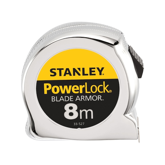 STANLEY 0-33-527 PowerLock Blade Armor 8m tape measure, product side view on white background.