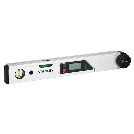 Photo of STANLEY 0-42-087 digital angle level with LCD display, aluminum body, and black end cap, front angle.