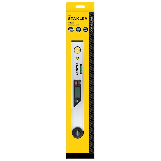 STANLEY 0-42-087 digital angle finder, 40 cm, silver and black, in retail packaging, front view.