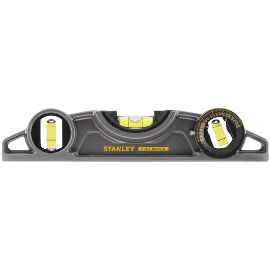 STANLEY 0-43-609 FATMAX torpedo level with three vials and protractor, front angle on white background.