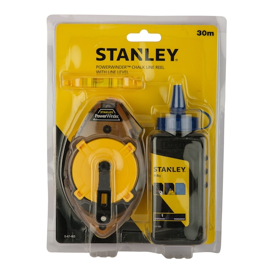Stanley 0-47-465 chalk line reel set with yellow reel, blue chalk bottle and line level, front view on white background.