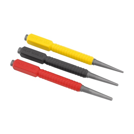 Three metal punches with colored handles in yellow, black, and red. Used for marking or driving objects.