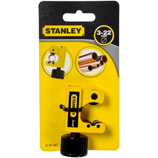 STANLEY 0-70-447 pipe cutter in packaging, front angle, yellow tool for cutting 3-22mm pipes.