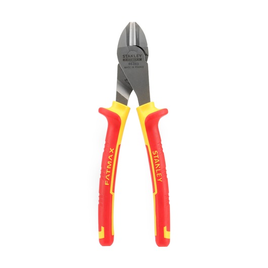 STANLEY 0-84-003 diagonal cutting pliers with red and yellow handles, front view, hand tool.