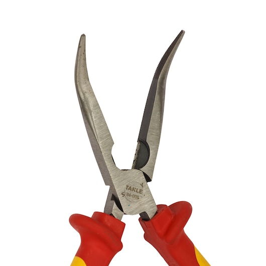 STANLEY 0-84-008 insulated bent long nose pliers with red and yellow handles, front angle, white background.