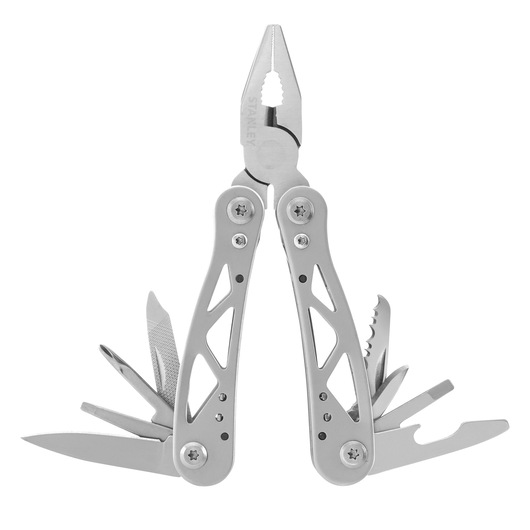 STANLEY 0-84-519 multi-tool with pliers, knife, file, and open tools, silver, studio front view.