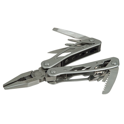 STANLEY 0-84-519 multi-tool with pliers, knife, saw, and other tools extended, side angle on white background.
