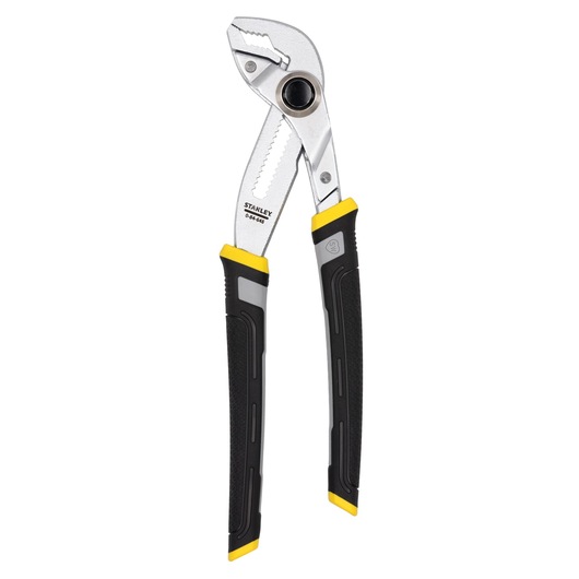 Stanley adjustable pliers with black and yellow handles and serrated jaws, suitable for gripping or turning objects.