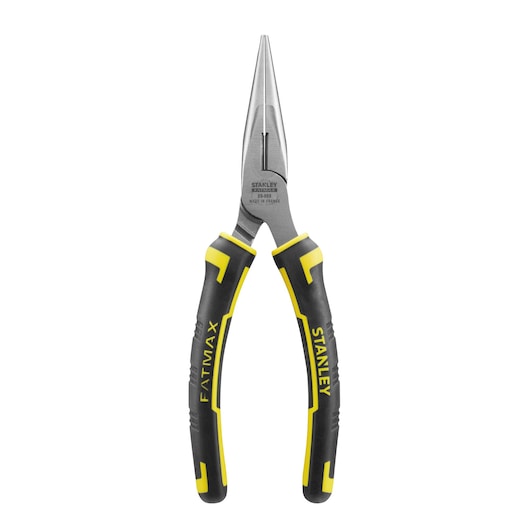 STANLEY 0-89-869 long nose pliers with black and yellow handles, front view on white background.