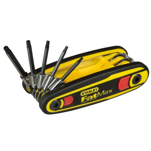 STANLEY 0-97-553 multi-bit folding screwdriver with black and yellow handle, several bits extended, side view.