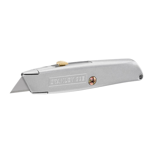 STANLEY 1-10-099 utility knife, silver metal body, side view, exposed blade, photography on white background.