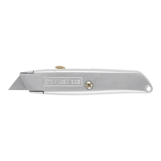 Photo of STANLEY 1-10-099 silver utility knife, side view, with retractable blade and screw for opening.