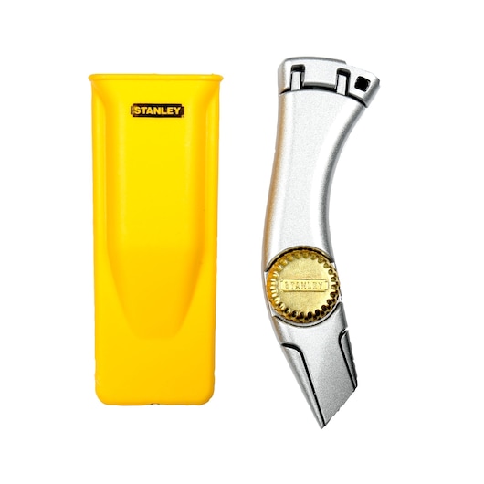 Stanley 1-10-550 silver utility knife with gold wheel and yellow case, front angle on white background.