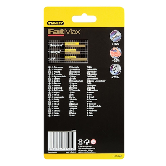 STANLEY 1-11-700 photography of FatMax blade packaging, black and yellow, showing sharpness, strength, and durability.