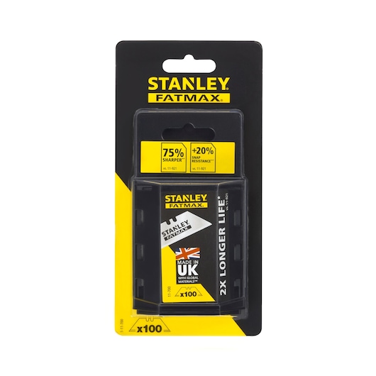 Photo of STANLEY 1-11-700 FATMAX utility blades pack of 100, front packaging, black and yellow design.