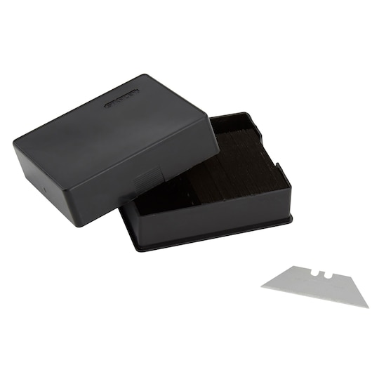 STANLEY 1-11-911 utility knife blades in black storage box, one blade displayed outside, angled view.