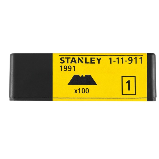 Photo of STANLEY 1-11-911 utility blade pack, yellow and black, flat front angle, contains 100 replacement blades.