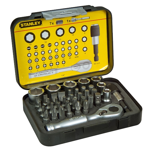 STANLEY 1-13-906 socket and bit set in black plastic case, includes ratchet, various bits and sockets, photo front angle.