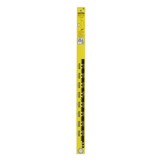 STANLEY 1-15-448 saw blade, yellow and black, straight front view on white background.