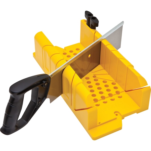 Stanley yellow mitre box with saw for precise angled wood cutting, featuring a black handle and guide slots.