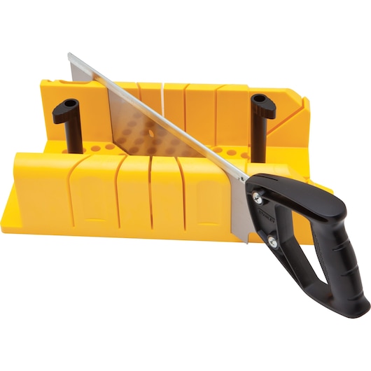 Yellow Stanley mitre box with black handle saw for precise angled wood cutting.
