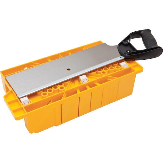Yellow miter box set with a hand saw for precise angled cuts in woodworking.