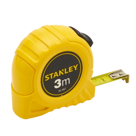 STANLEY 1-30-487 3m yellow tape measure, side angle, with black accents and metal hook extended.