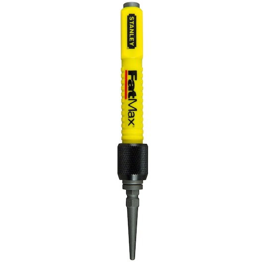 Stanley FatMax automatic center punch with yellow handle and steel tip.
