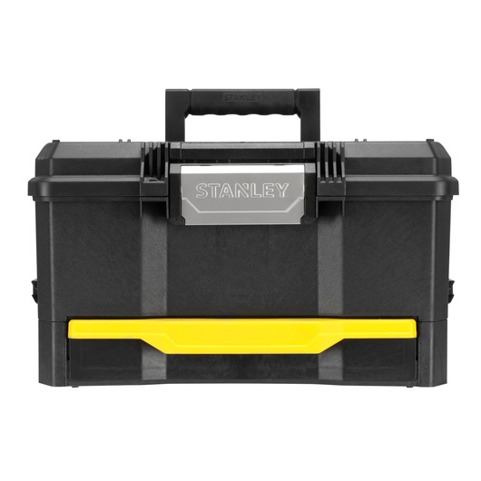 Photo of STANLEY 1-70-316 black toolbox with yellow drawer, front angle, white background.