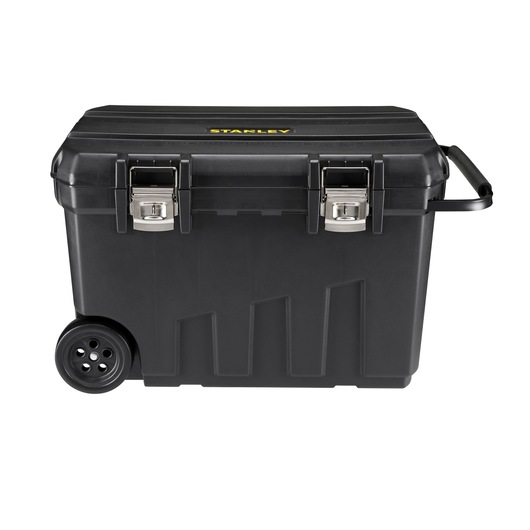 STANLEY 1-92-978 black rolling toolbox with metal latches and handle, front view on white background.